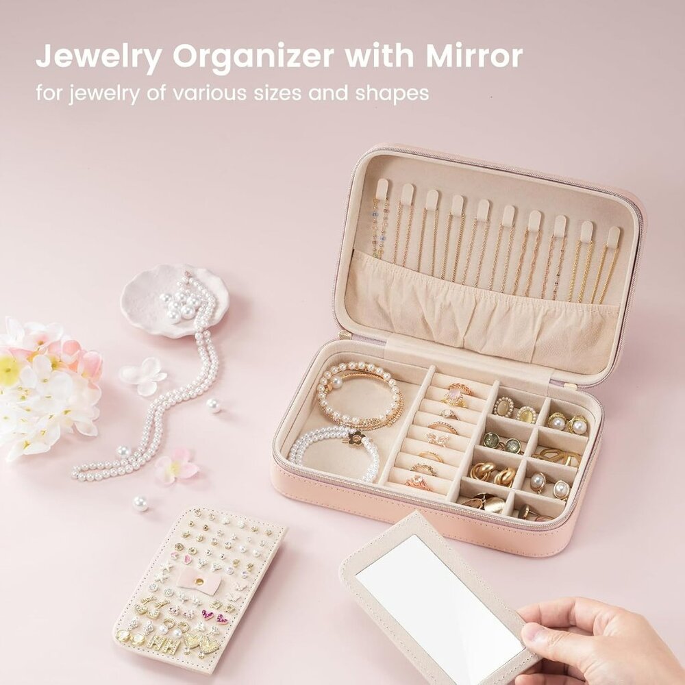Jewelry Case Travel Jewelry Organizer Box with Mirror & Portable Earring Holder‎